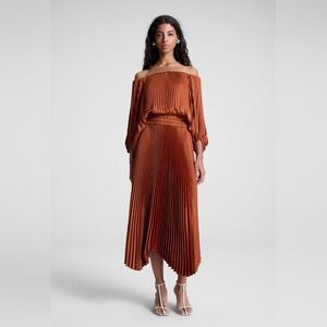 A.L.C. Rust Off-Shoulder Pleated Midi Dress